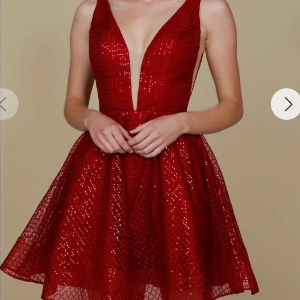 Red sequin cocktail plunge mini dress tulle illusion v neck party prom formal